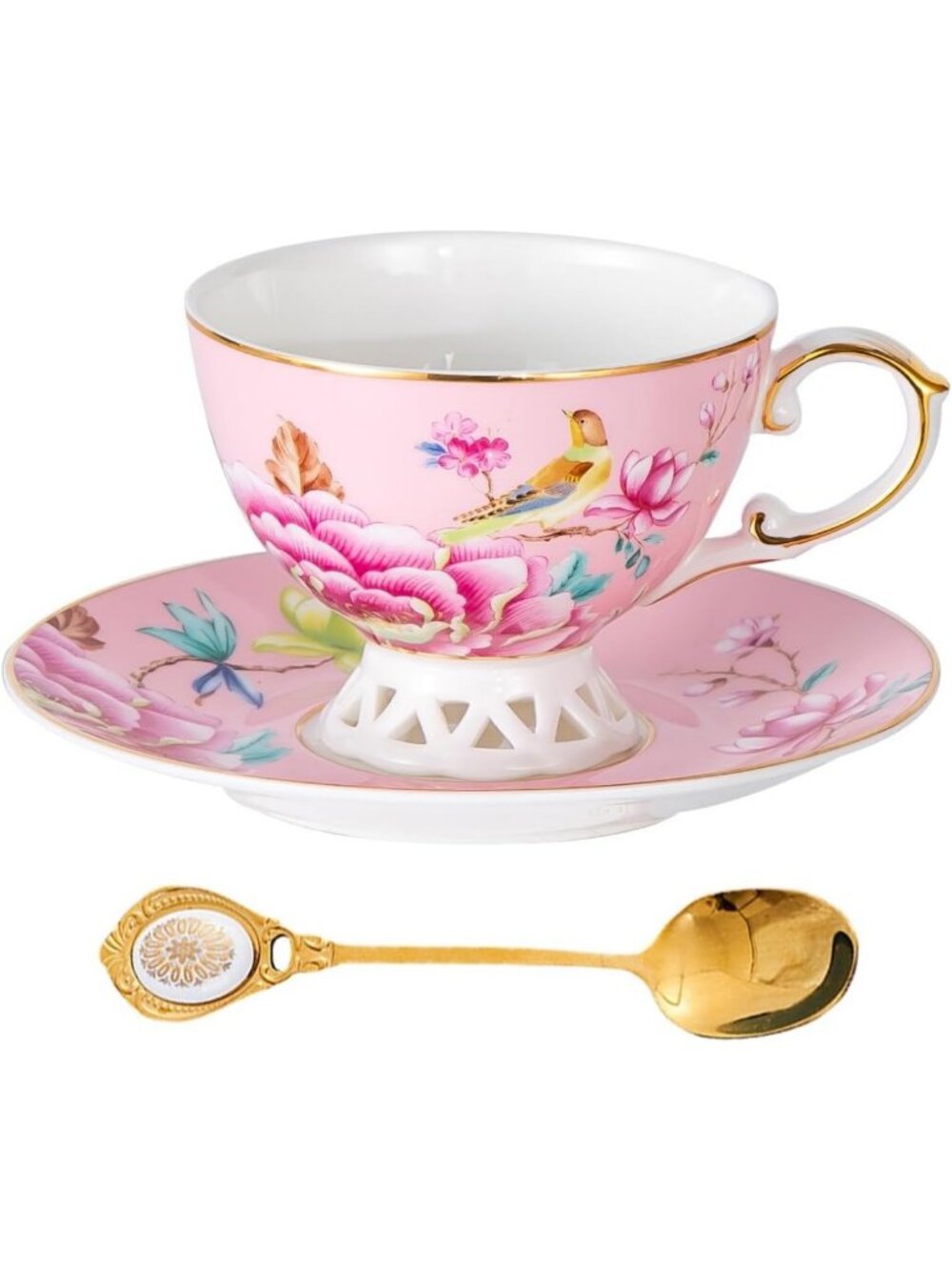 Vintage Floral Bone China Cup & Saucer Set, Gold Trimmed Porcelain Tea Mug